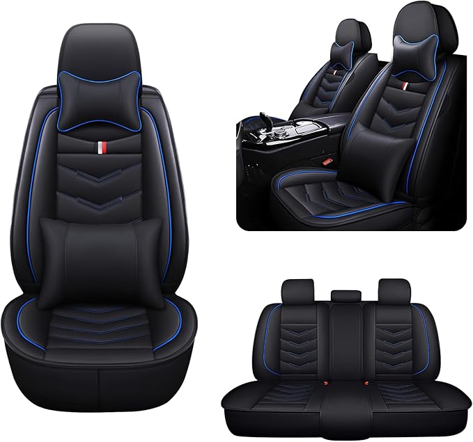 MVRVMV Seat Covers for Ford Escape 2005-2026, Waterproof Leather Auto Seat Cover with 2* Neck Pillow and 2* Lumbar Support (5 Seat Luxury,Black-Blue)