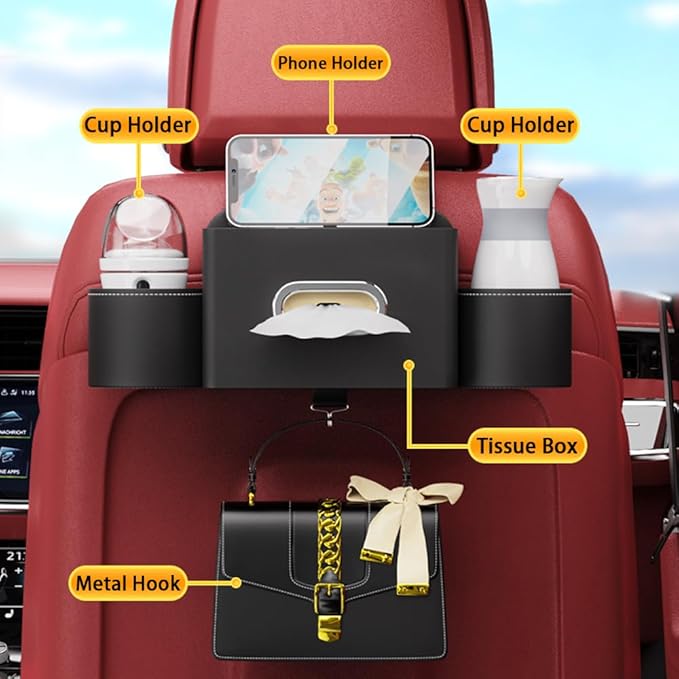 Seat Back Organizer, Full Leather Cover Tissue Case Headrest Storage Box with 2 Cup Holders and Hook Multi-functional Durable Back Seat Storage Tool for Family Travel and Kids Care Brown