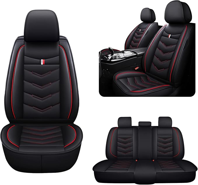 MVRVMV for Ford F-250 2010-2026 Seat Covers, Waterproof Leather Seat Cover (5 Seat Standard,Black-Red)