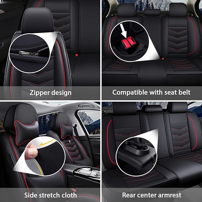 MVRVMV for Ford Mustang 2006-2026 Seat Covers, Waterproof Leather Seat Cover with 2* Neck Pillow and 2* Lumbar Support (2 Seat Luxury,Black-Red)