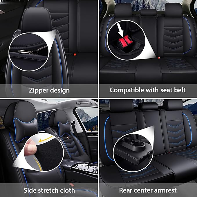 MVRVMV Seat Covers for Ford Explorer 2007-2026, Waterproof Leather Auto Seat Cover with 2* Neck Pillow and 2* Lumbar Support (2 Seat Luxury,Black-Blue)