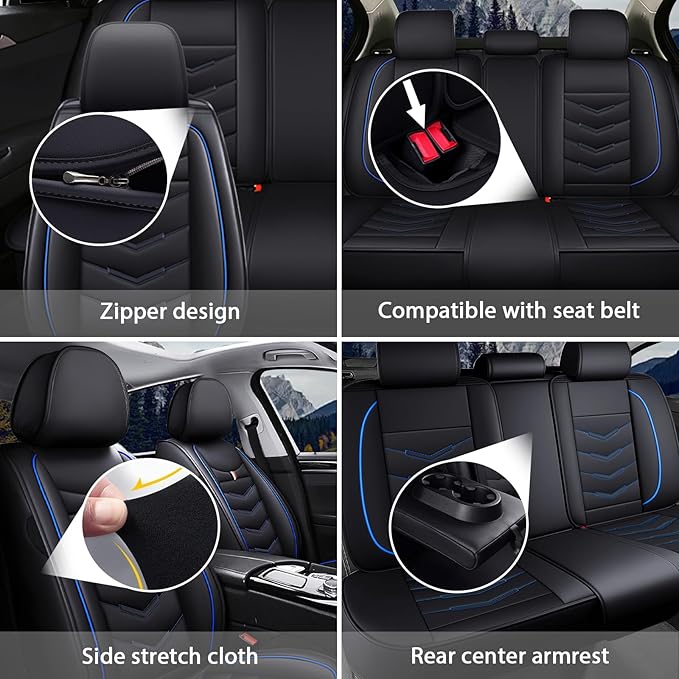 MVRVMV Seat Covers for Ford Edge 2007-2024, Waterproof Leather Auto Seat Cover (2 Seat Standard,Black-Blue)
