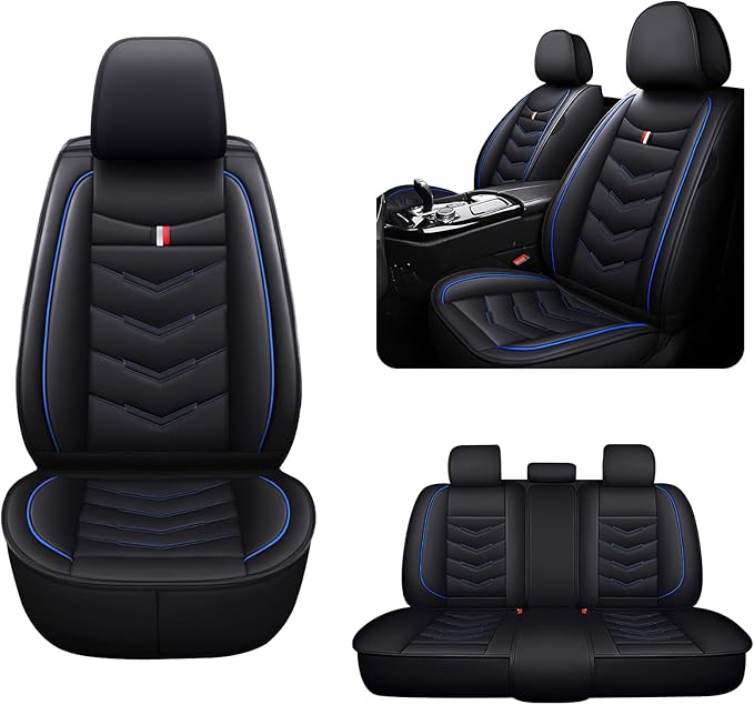 MVRVMV Seat Covers for Ford F-150 2010-2026, Waterproof Leather Auto Seat Cover (5 Seat Standard,Black-Blue)