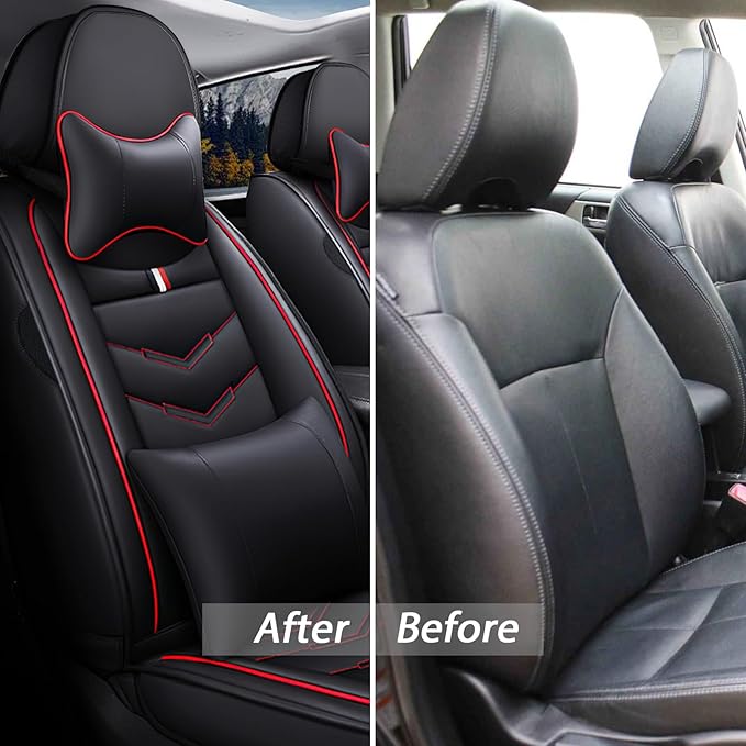 MVRVMV for Ford Bronco 2021-2026 Seat Covers, Waterproof Leather Seat Cover with 2* Neck Pillow and 2* Lumbar Support (5 Seat Luxury,Black-Red)