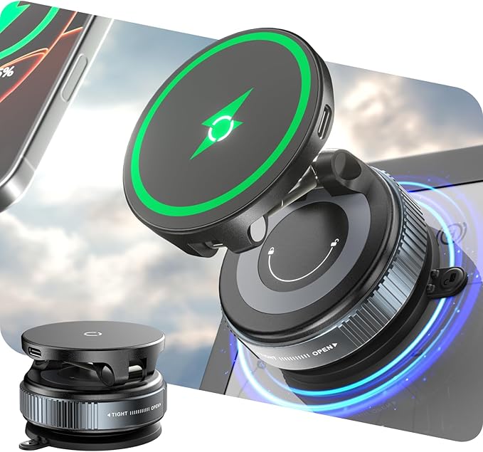 CloudValley 15W Wireless Fast Charging Car Phone Mount, Nano Gel Vacuum Suction Magnetic Phone Holder, 360° Adjustable Car Mount for iPhone 17/16/15/14/13, Strong Grip on Rough Surfaces