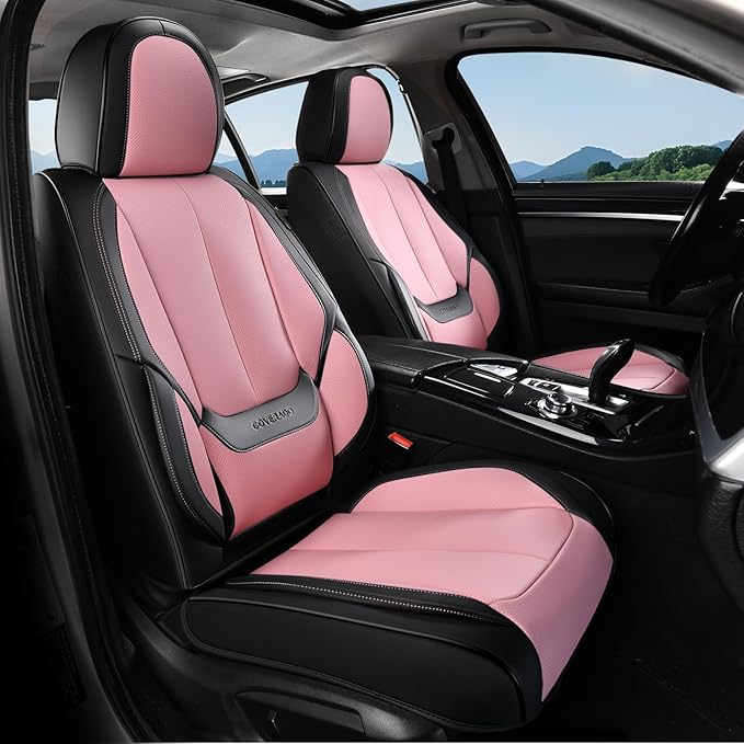 Coverado Car Seat Covers Full Set, Seat Covers for Cars, Black Car Seat Covers Front Seats and Back Car Seat Protector Waterproof, Leather Car Seat Cushion Universal Fit for Most Cars Pink