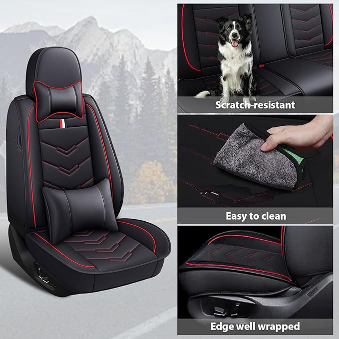 MVRVMV for Ford Ranger 2005-2026 Seat Covers, Waterproof Leather Seat Cover with 2* Neck Pillow and 2* Lumbar Support (2 Seat Luxury,Black-Red)