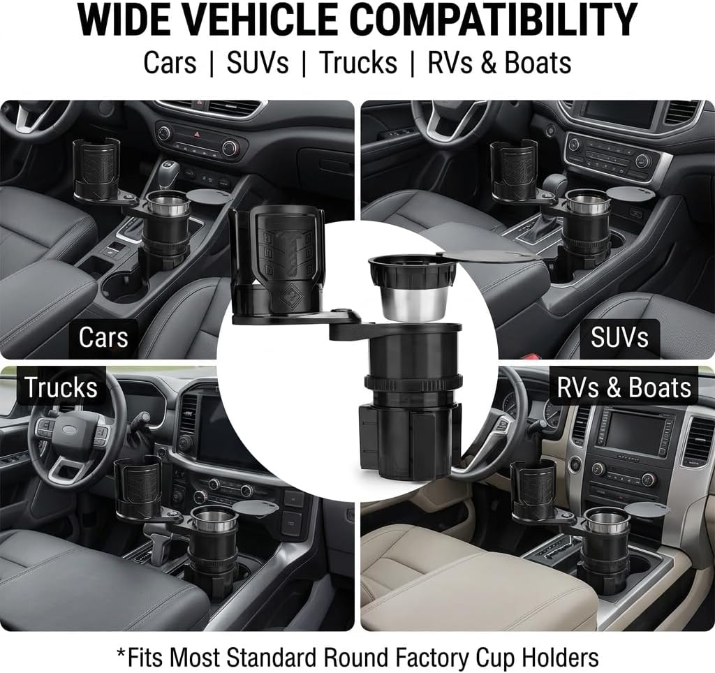 Universal 3-in-1 Car Cup Holder Expander with Removable Ashtray, Adjustable Base & Dual Drink Slots, Heavy-Duty Adapter Fits 18-40oz Bottles and Thermoses for Cars, Trucks, and SUVs