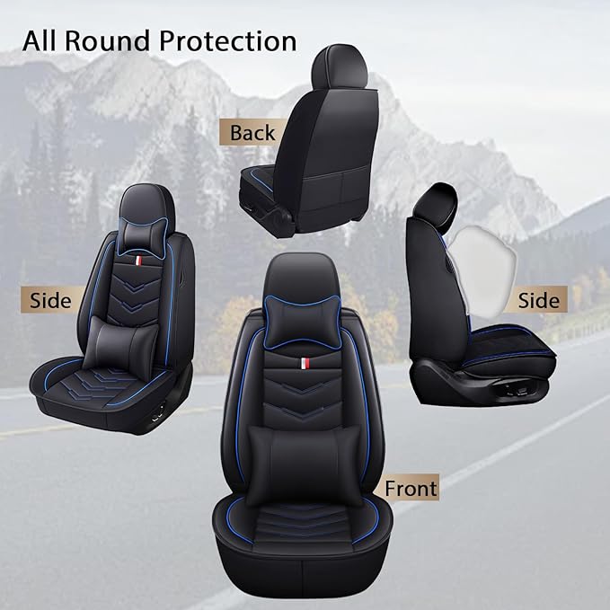 MVRVMV Seat Covers for Ford Escape 2005-2026, Waterproof Leather Auto Seat Cover with 2* Neck Pillow and 2* Lumbar Support (2 Seat Luxury,Black-Blue)