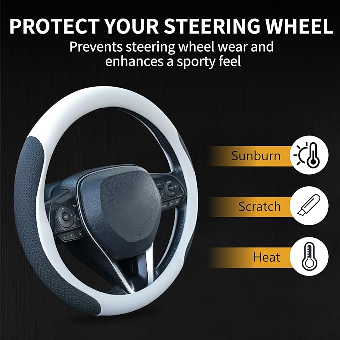 Nappa Leather Steering Wheel Cover, Universal 14.5–15 Inch Non-Slip Breathable Steering Wheel Cover for Cars, White