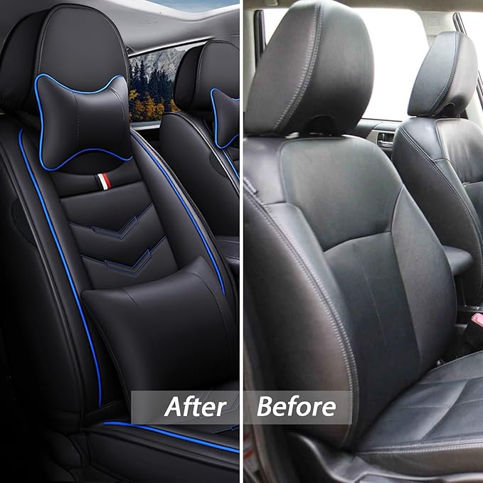 MVRVMV Luxury Car Seat Covers for Honda Pilot 2010-2026, Nappa Leather Auto Seat Cover with 2 Neck Pillows and 2 Lumbar Supports (2 Seat Luxury, Black-Blue)