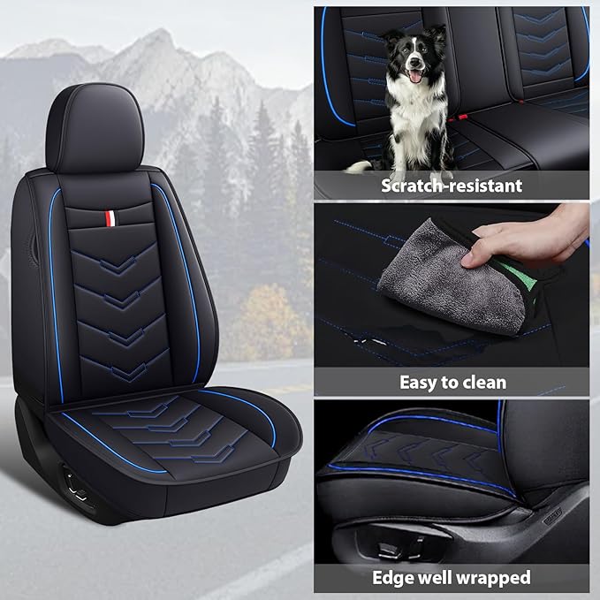 MVRVMV Seat Covers for Ford Escape 2005-2026, Waterproof Leather Auto Seat Cover (2 Seat Standard,Black-Blue)