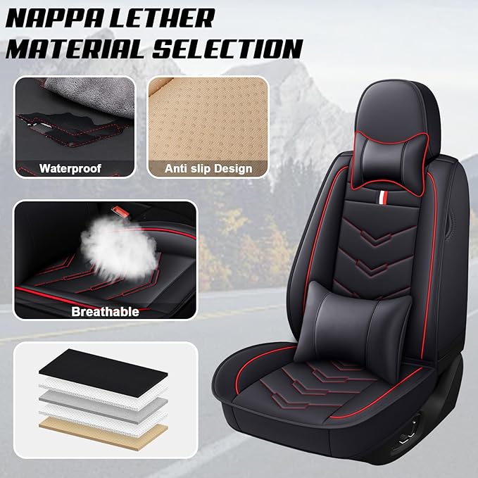 MVRVMV for Ford Escape 2005-2026 Seat Covers, Waterproof Leather Seat Cover with 2* Neck Pillow and 2* Lumbar Support (2 Seat Luxury,Black-Red)