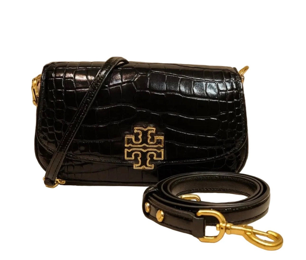 NWT Tory Burch Britten Embossed Convertible Crossbody Leather Handbag In Black